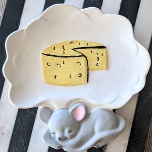 Vintage, 1960s handmade cheese plate. Mouse dreaming of cheese ceramic.